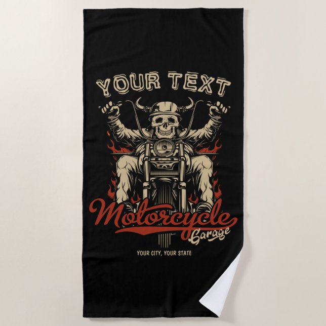 Personalized Biker Skeleton Motorcycle Shop Garage Beach Towel (Front)
