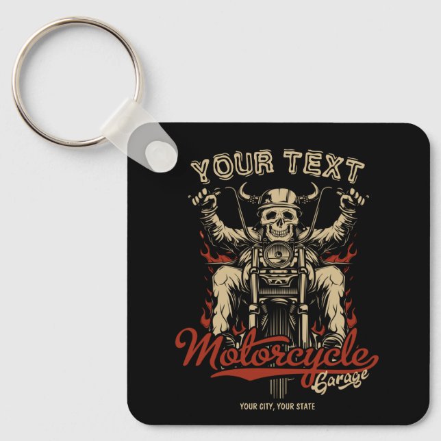 Personalized Biker Skeleton Motorcycle Shop Garage Keychain (Front)