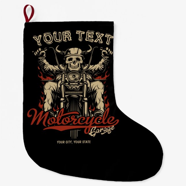 Personalized Biker Skeleton Motorcycle Shop Garage Large Christmas Stocking (Front)