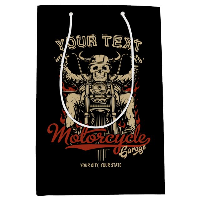 Personalized Biker Skeleton Motorcycle Shop Garage Medium Gift Bag (Front)