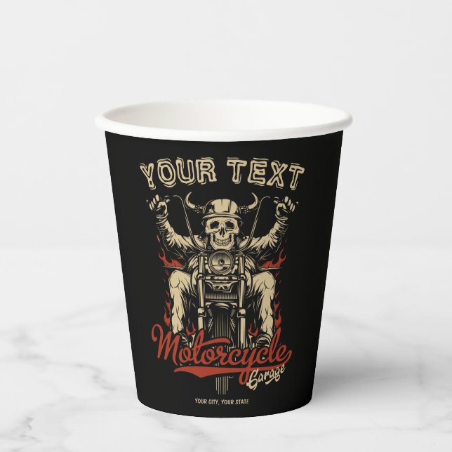 Personalized Biker Skeleton Motorcycle Shop Garage Paper Cups (Front)