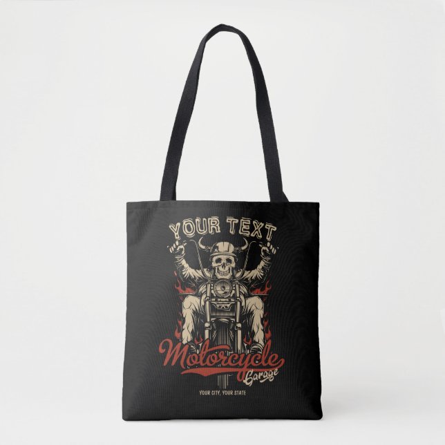 Personalized Biker Skeleton Motorcycle Shop Garage Tote Bag (Front)