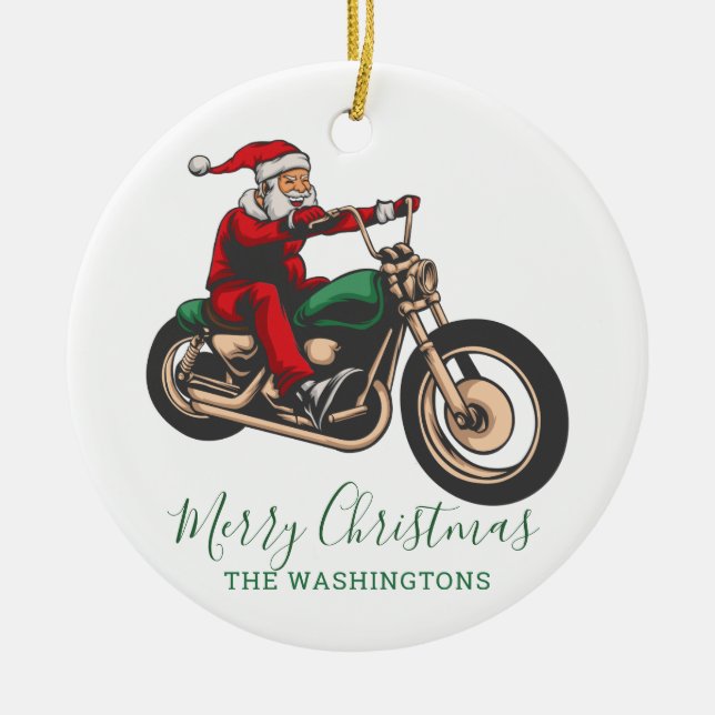 Personalized Biking Santa Christmas Ceramic Ornament (Front)