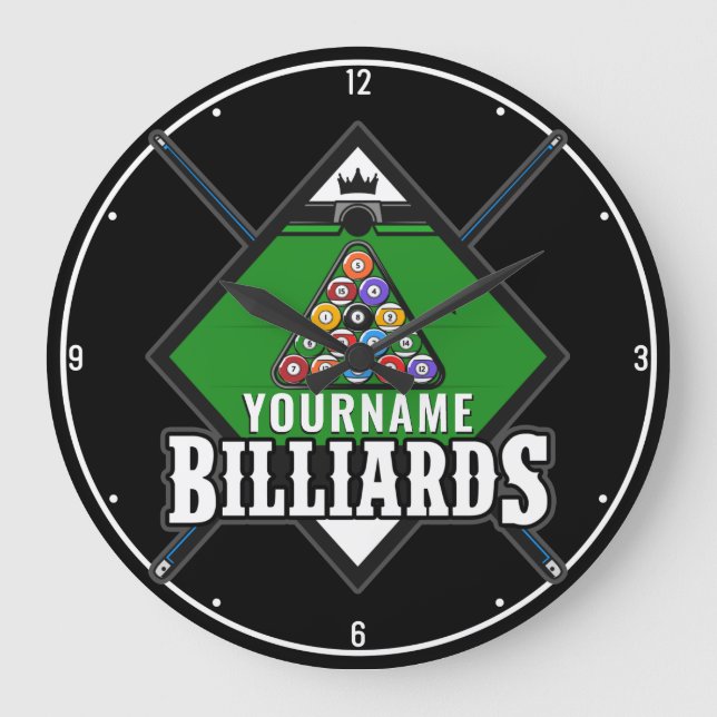 Personalized Billiards NAME Cue Rack Pool Room Large Clock (Front)