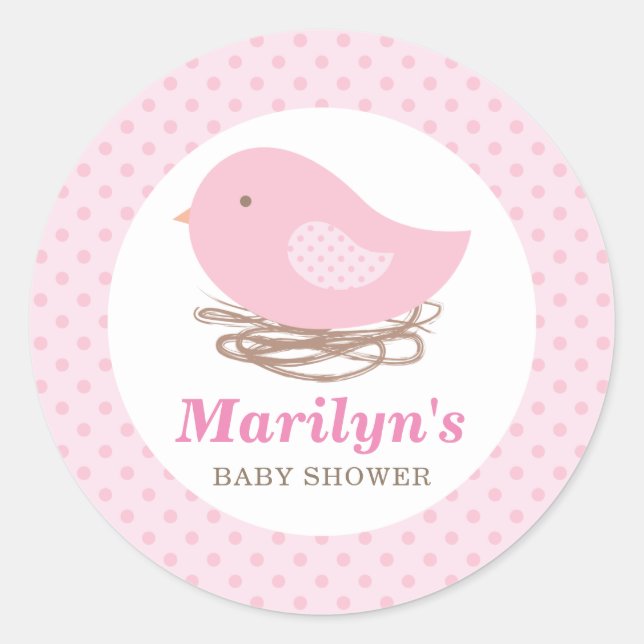 Personalized Bird Nest Baby Girl Shower Stickers (Front)