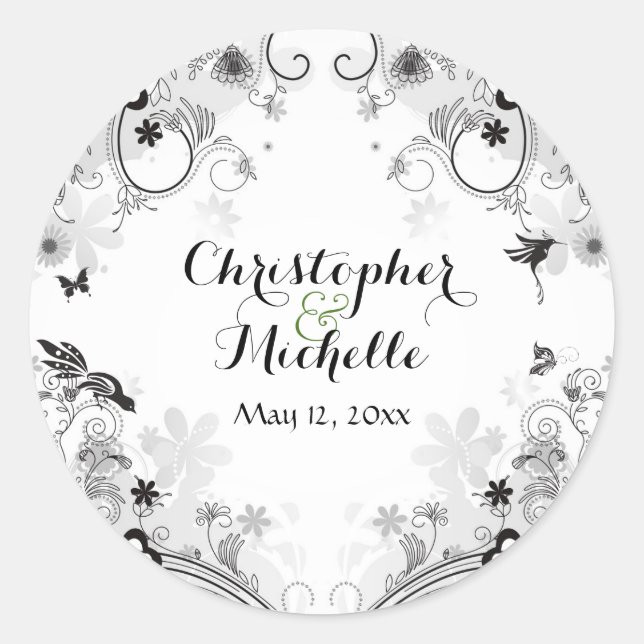 Personalized Birds and Flower Garden Wedding Classic Round Sticker (Front)