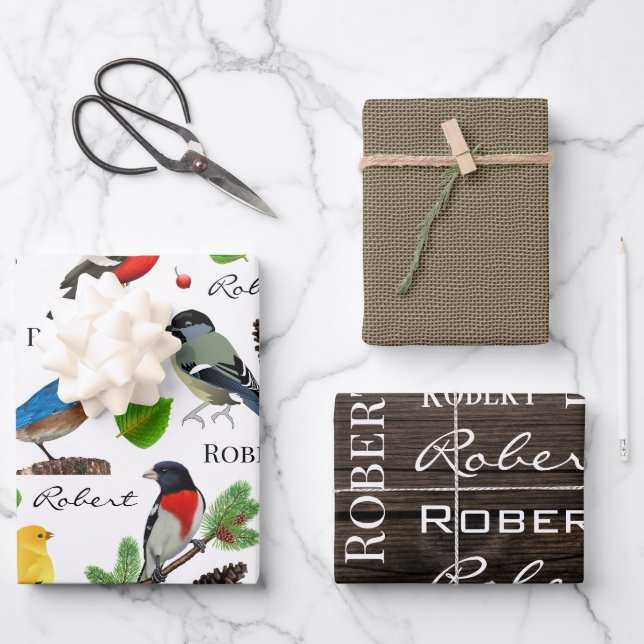 Personalized Birds, Wood & Burlap Wrapping Paper Sheet (Front)