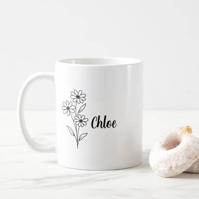 Personalized Birth Flower Ceramic Mug, Custom name Coffee Mug (With Donut)
