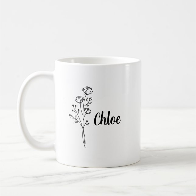 Personalized Birth Flower Ceramic Mug, Custom name Coffee Mug (Left)