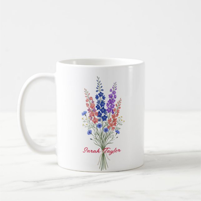 Personalized Birth Flower Larkspur Custom Coffee Mug (Left)
