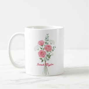 Personalized Birth Flower Pink Rose Custom Coffee Mug