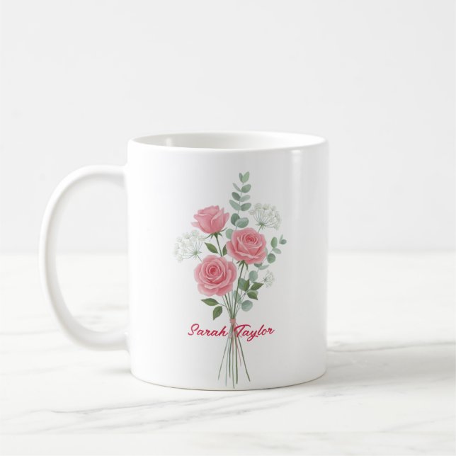 Personalized Birth Flower Pink Rose Custom Coffee Mug (Left)