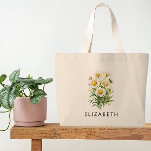 Personalized Birth Month Flower Custom Name Canvas Large Tote Bag