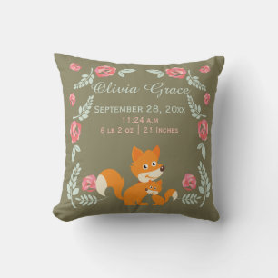 Personalized Birth New Baby Fox And Roses Throw Pillow