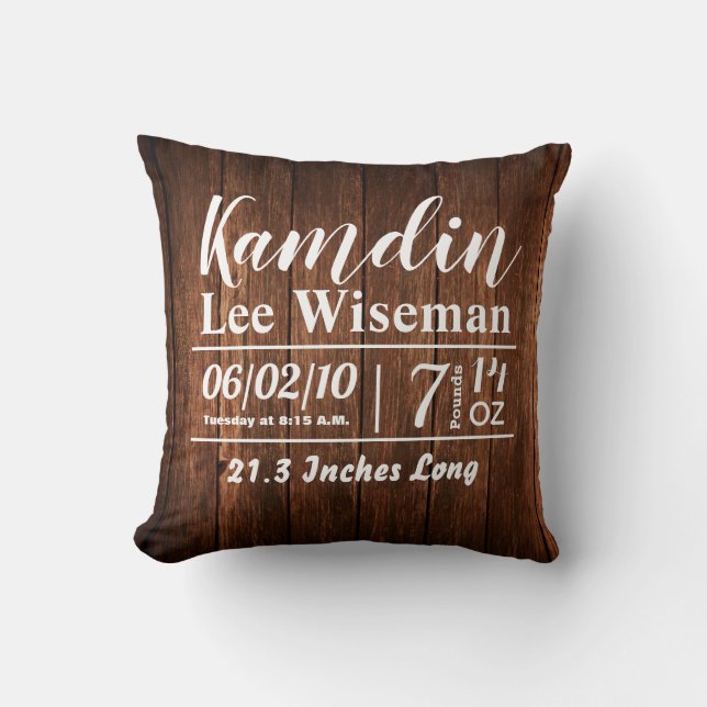 Personalized Birth Pillow Barn Wood Country Rustic (Front)