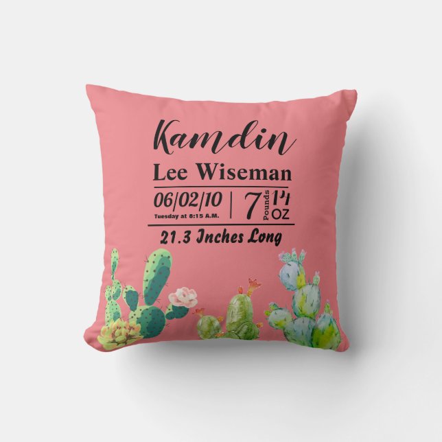 Personalized Birth Pillow Bohemian Cactus Succulen (Front)