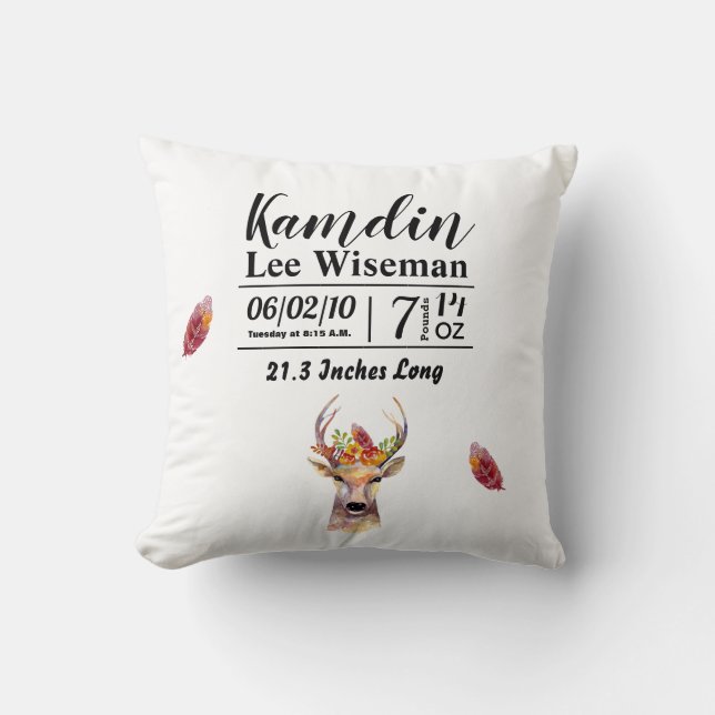 Personalized Birth Pillow boho deer Buck Head Brow (Front)