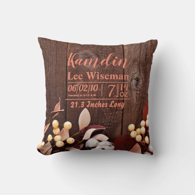 Personalized Birth Pillow Cotton Branch on Dark Wo (Front)