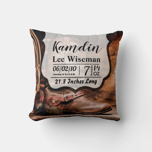 Personalized Birth Pillow Cowboy Boots Barn Wood R (Front)
