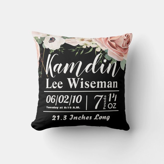 Personalized Birth Pillow Geometric Garden Black (Front)