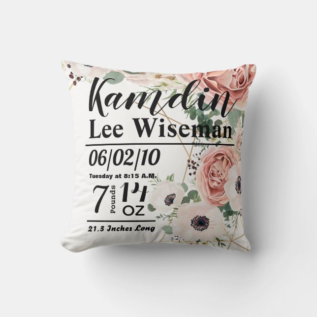 Personalized Birth Pillow Geometric Garden Rose (Front)