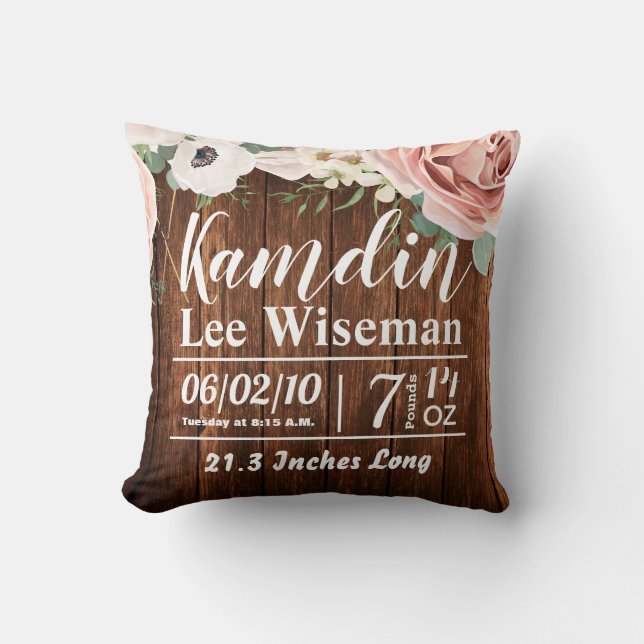 Personalized Birth Pillow Geometric Garden Rose (Front)