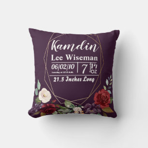 Personalized Birth Pillow Plum Purple Roses Gold G