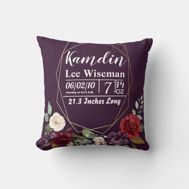 Personalized Birth Pillow Plum Purple Roses Gold G (Front)
