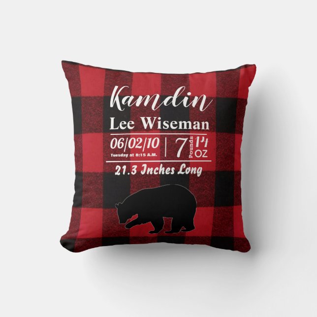 Personalized Birth Pillow Red Buffalo Plaid Bear (Front)