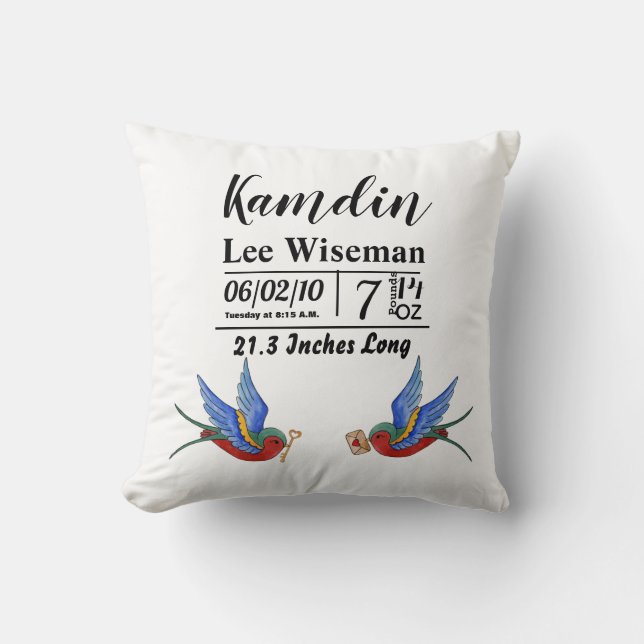 Personalized Birth Pillow Traditional Bird Tattoo (Front)