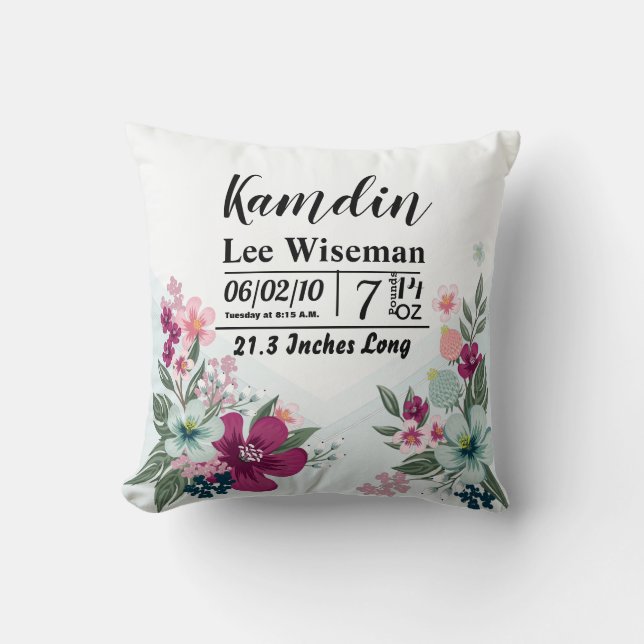 Personalized Birth Pillow Tropical Flower on Blue (Front)