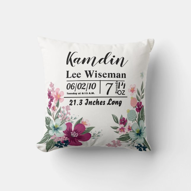 Personalized Birth Pillow Tropical Flower on White (Front)