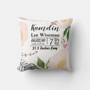 Personalized Birth Pillow White Floral Flowers on