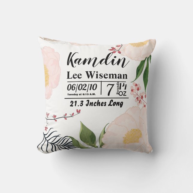 Personalized Birth Pillow White Floral Flowers on (Front)