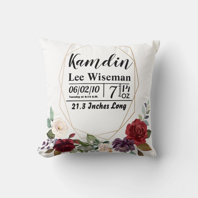 Personalized Birth Pillow White Roses Gold Geometr (Front)