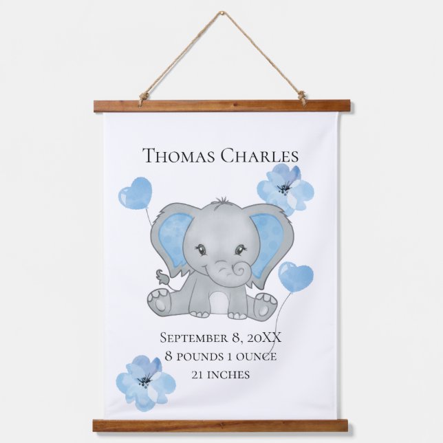 Personalized Birth Stats Baby Elephant Blue Grey   Hanging Tapestry (Front)