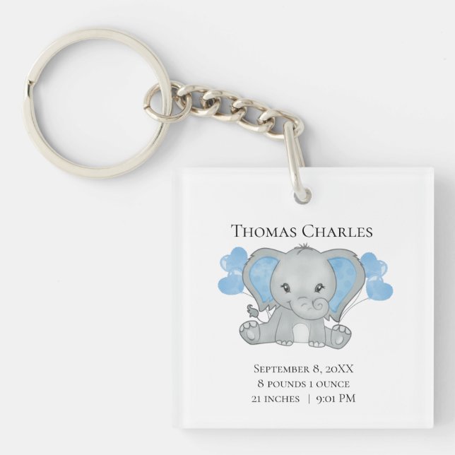 Personalized Birth Stats Baby Elephant Blue Grey  Keychain (Front)