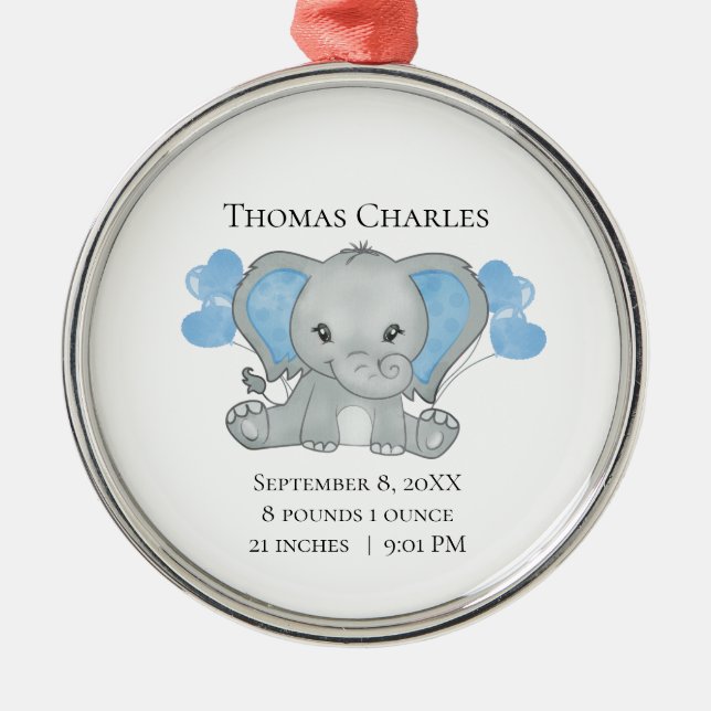 Personalized Birth Stats Baby Elephant Blue Grey Metal Ornament (Front)