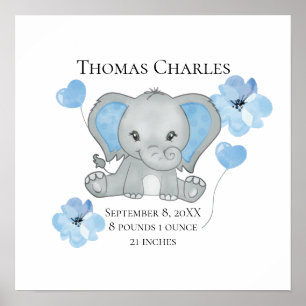 Personalized Birth Stats Baby Elephant Blue Grey Poster