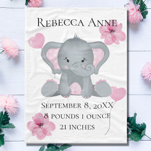 Personalized Birth Stats Baby Elephant Pink Grey Fleece Blanket