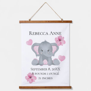Personalized Birth Stats Baby Elephant Pink Grey  Hanging Tapestry