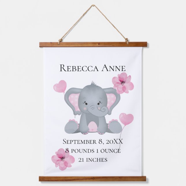 Personalized Birth Stats Baby Elephant Pink Grey  Hanging Tapestry (Front)