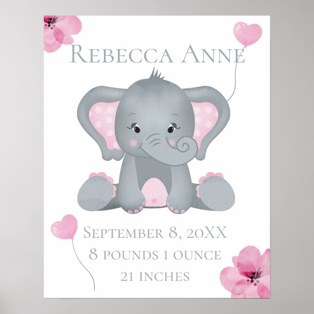 Personalized Birth Stats Baby Elephant Pink Grey Poster (Front)