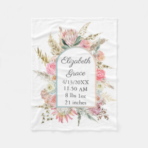 Personalized Birth Stats Pink Floral Boho Baby Fleece Blanket