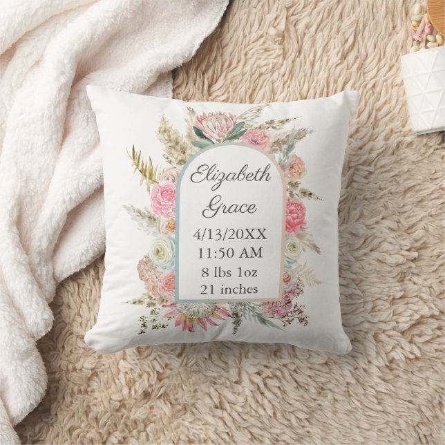  Personalized Birth Stats Pink Floral Boho Baby Throw Pillow (Blanket)