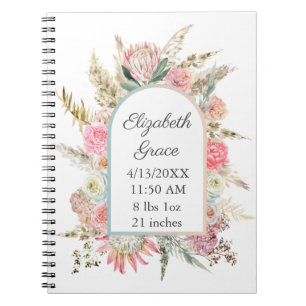  Personalized Birth Stats Pink Floral White Baby  Notebook