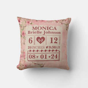 Personalized Birth Stats Vintage Floral Throw Pillow