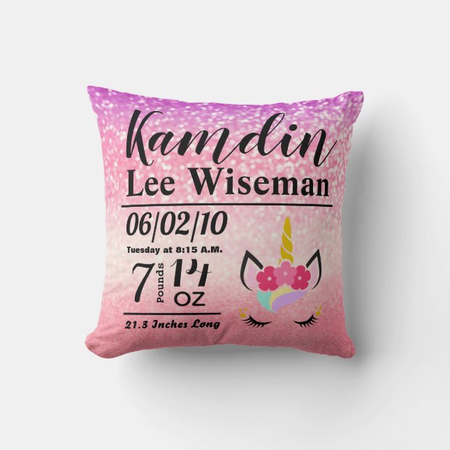 Personalized Birth Unicorn Ombre Glitter Pillow (Front)