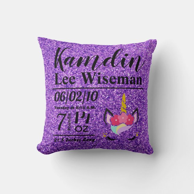 Personalized Birth Unicorn Purple Glitter Pillow (Front)