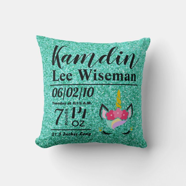 Personalized Birth Unicorn Teal Glitter Pillow (Front)